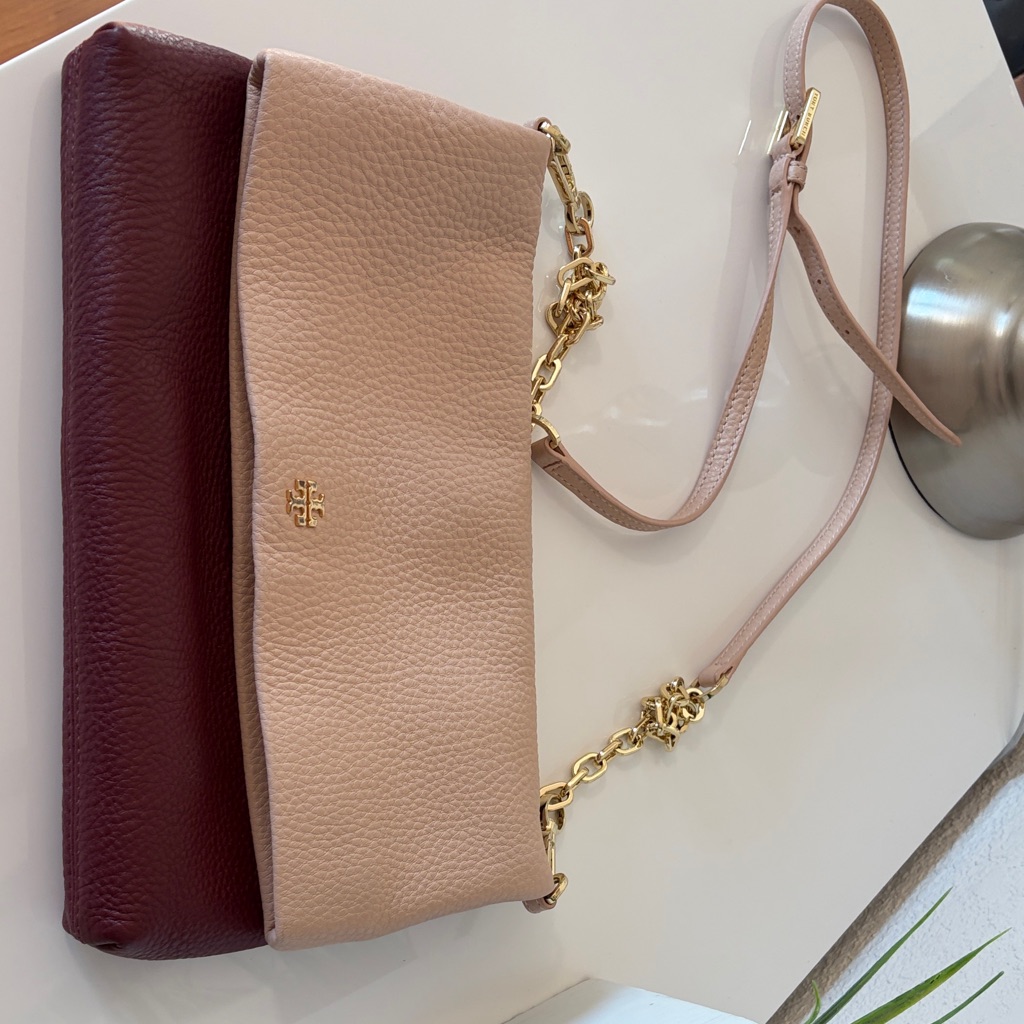 Tory Burch Burgundy And Nude Pink Clutch With Gold Accents